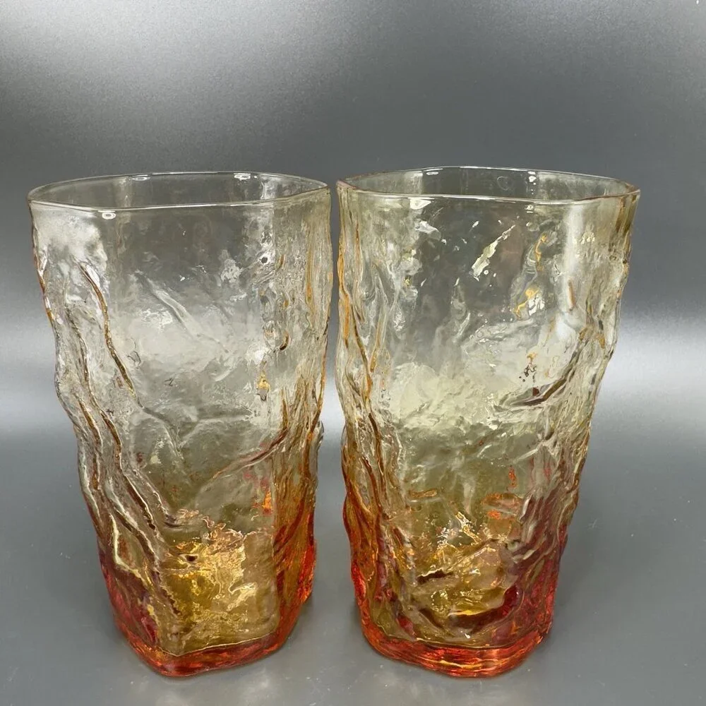 1970s Seneca Driftwood Amber Crinkle Glass Highball Tumblers Cups Set 4‎ Vintage